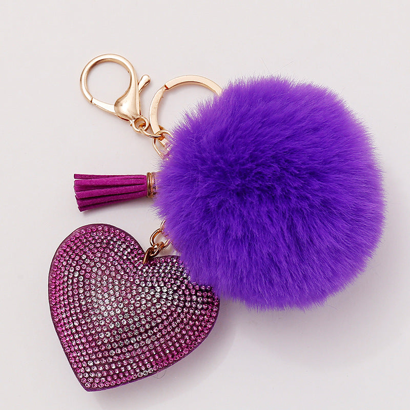Wholesale of 50pcs Velvet Inlaid Diamond Heart Tassel Zinc Alloy Keychain